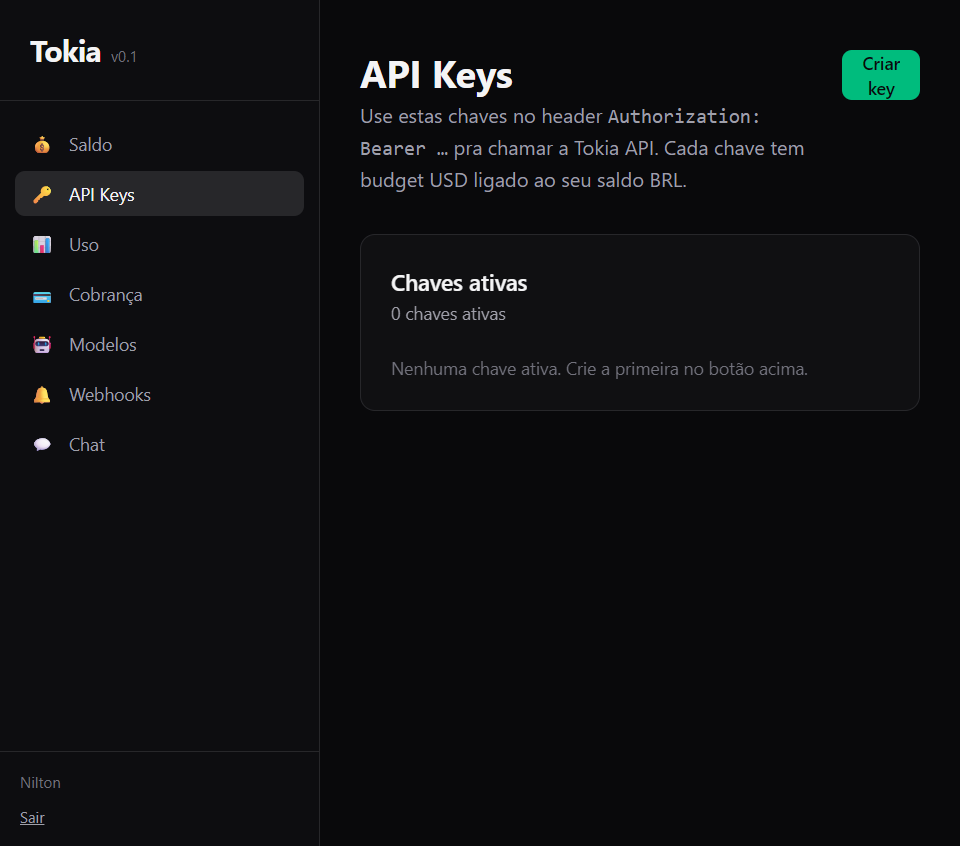 Lista de API keys vazia