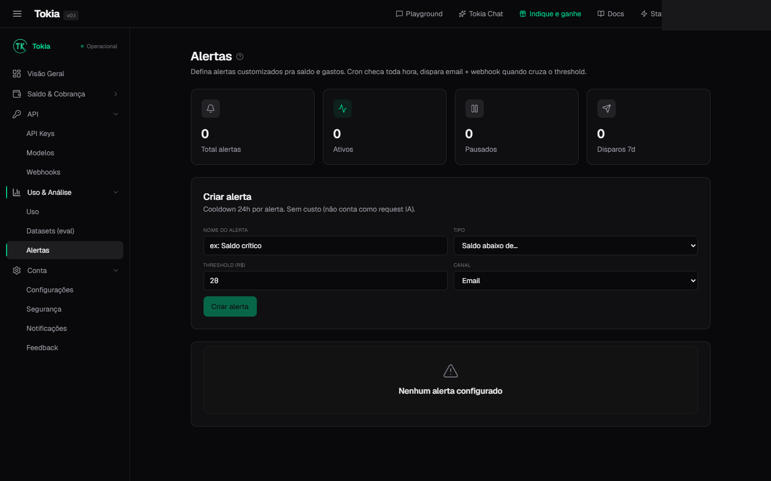 Configuração de alertas de saldo e gasto