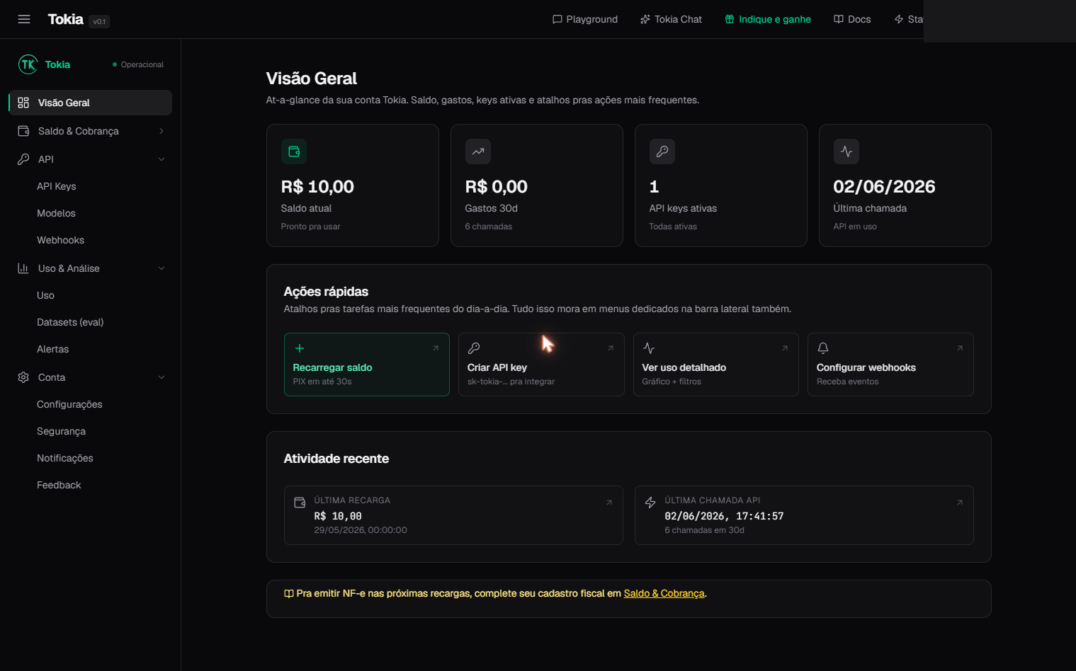 Visão geral do painel da Tokia