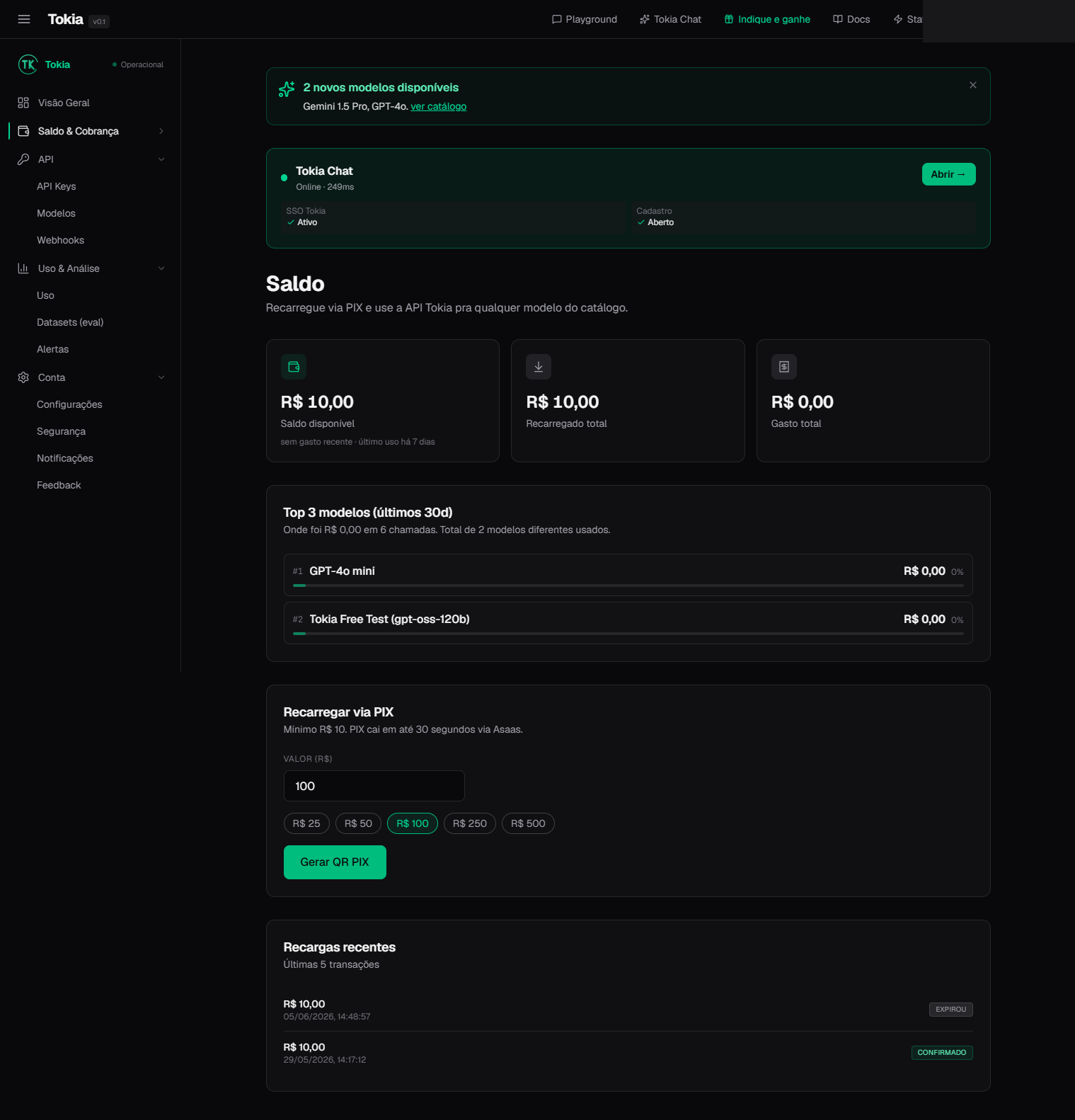 Dashboard inicial sem saldo